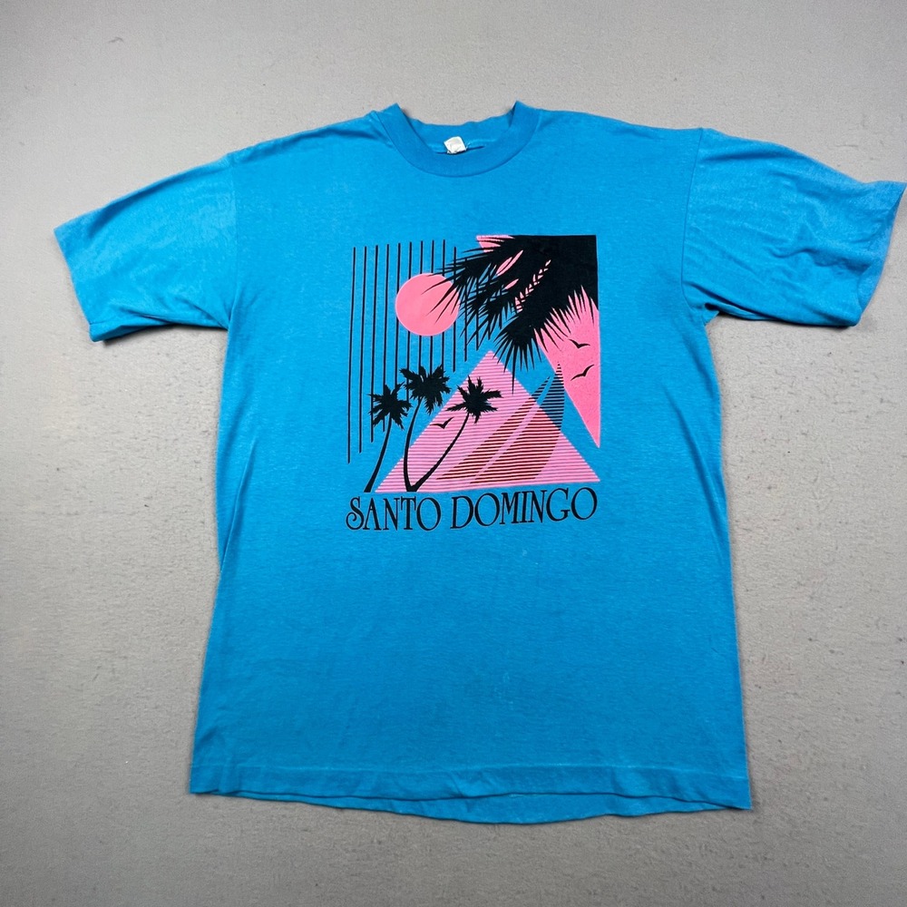 Vintage Santo Domingo T Shirt Mens XXL Blue Graphic Single Stitch Vaporwave 80s